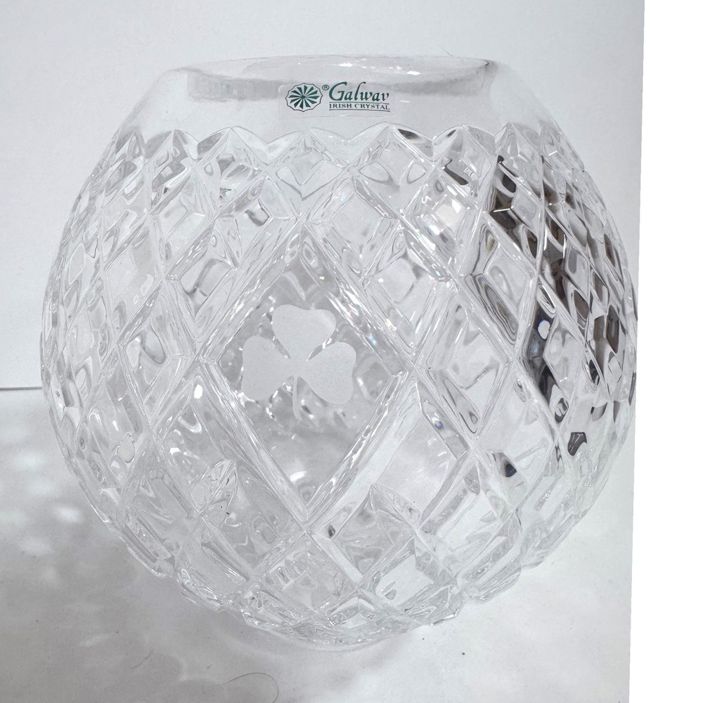 Vintage Galway Irish Crystal Rose Bowl Posy Vase Etched Shamrock Diamond Cut